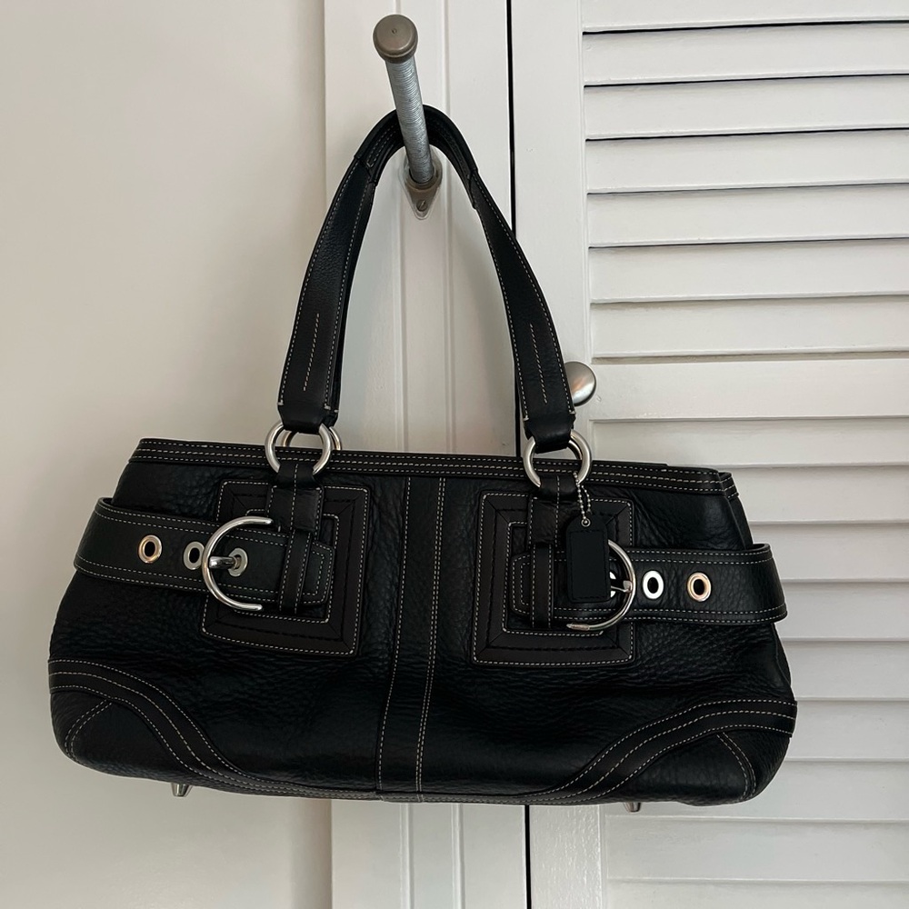 Vintage Coach Hamptons Black Milled Leather Satchel Shoulder Bag 10264
